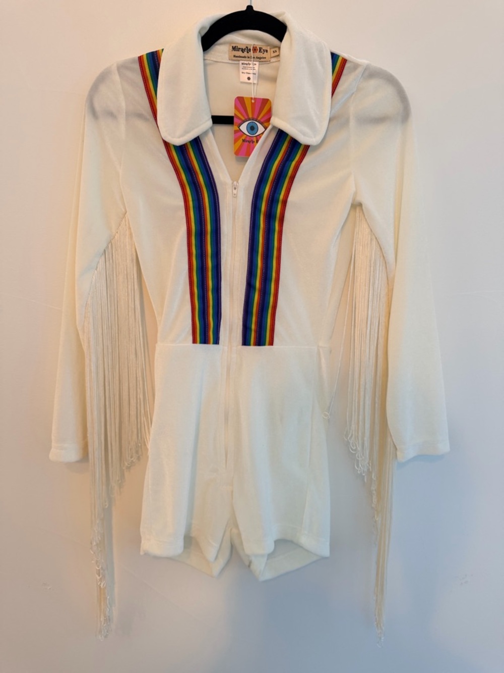 Miracle Eye White Romper with Rainbow Stripe Trim and Tassels - HANDMADE NWT